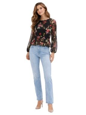 Mango Black Floral Sheer Blouse Oversized Sleeves Tiered Ruffle Hem - Size 2